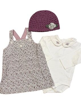 Janie and Jack Lush Berries Corduroy Jumper, Bodysuit, and Plum Knit Hat 6-12 m
